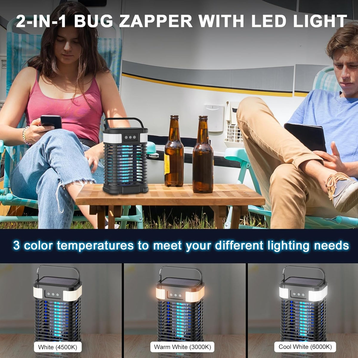 Mosquito Zapper, Solar Bug Zapper 4200V Cordless & Rechargeable Bug Zapper Outdoor with LED Light, Portable Waterproof Electric Fly Zapper with Hook, for Patio Camping Backyard Garden - PuriLite