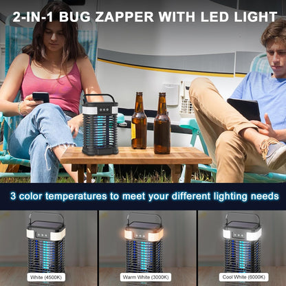 Mosquito Zapper, Solar Bug Zapper 4200V Cordless & Rechargeable Bug Zapper Outdoor with LED Light, Portable Waterproof Electric Fly Zapper with Hook, for Patio Camping Backyard Garden - PuriLite