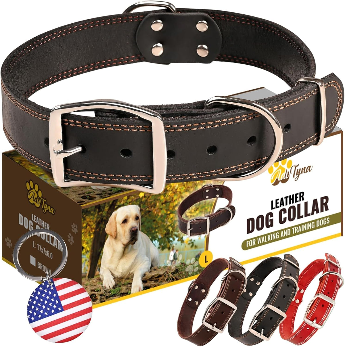 ADITYNA Heavy-Duty Leather Dog Collar for Medium Dogs - Soft and Strong, 100% Genuine Leather - Collier Pour Chien (Medium: Fit 13" - 20" Neck, Brown) - PuriLite