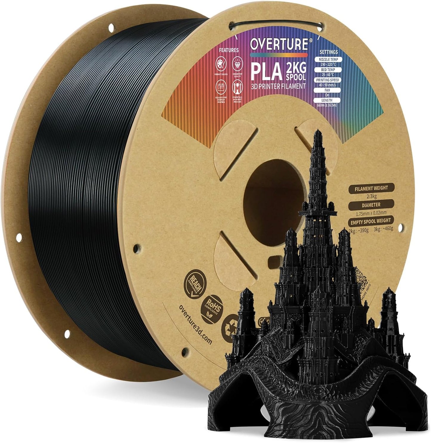 OVERTURE PLA Filament 1.75mm PLA 3D Printer Filament, 1kg Cardboard Spool (2.2lbs), Dimensional Accuracy +/- 0.02mm, Fit Most FDM Printer (Black 1-Pack) - PuriLite