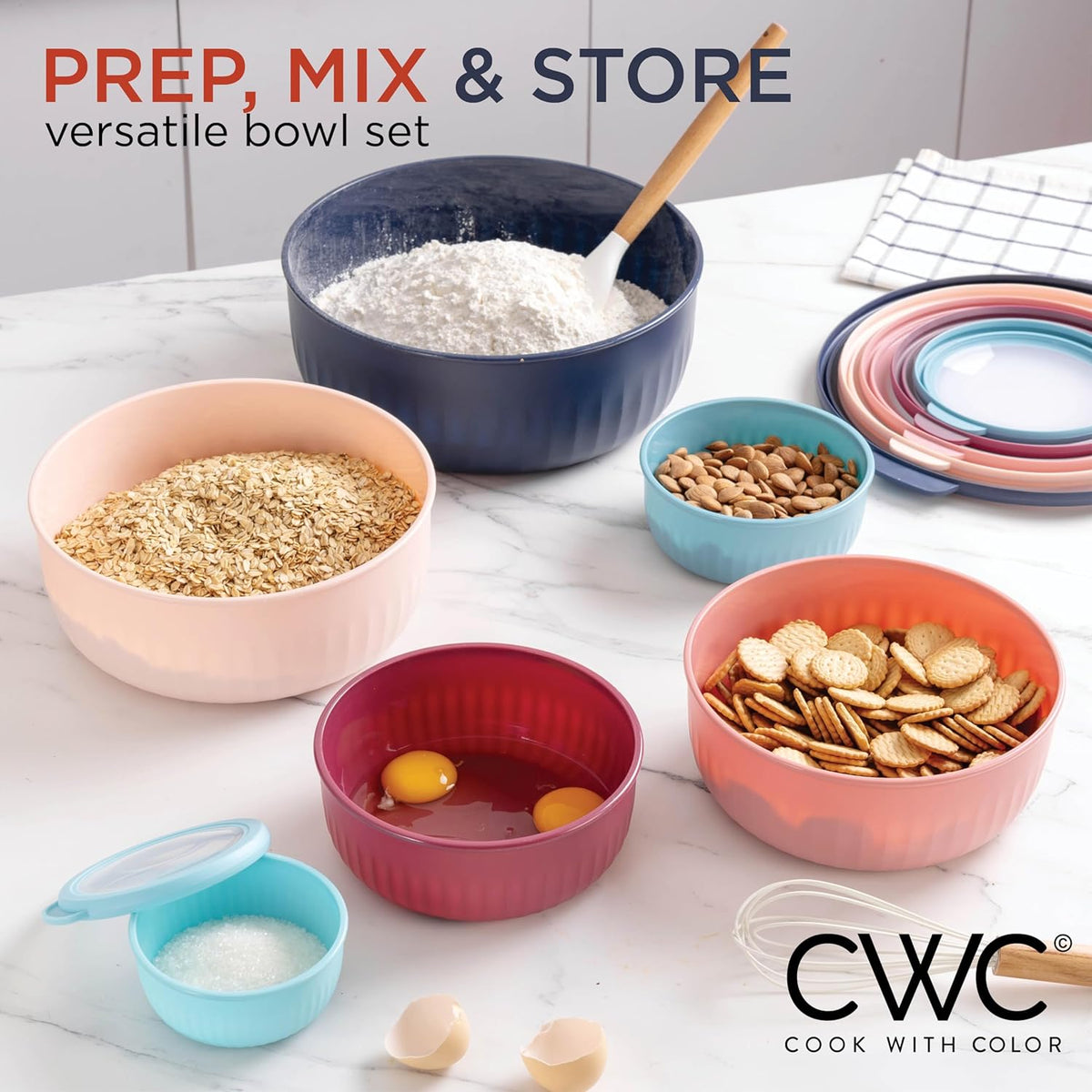 COOK WITH COLOR Prep Bowls with Lids- 8 Piece Nesting Plastic Small Mixing Bowl Set with Lids (Teal Ombre) - PuriLite