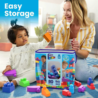 MEGA BLOKS First Builders Toddler Blocks Toys Set, Big Building Bag with 80 Pieces and Storage, Blue, Ages 1+ Years - PuriLite