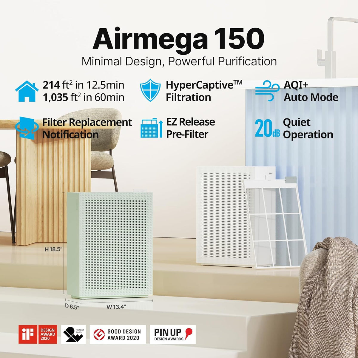Coway Airmega 150 True HEPA Air Purifier with Air Quality Monitoring, Auto Mode, Filter Indicator, Dove White - PuriLite