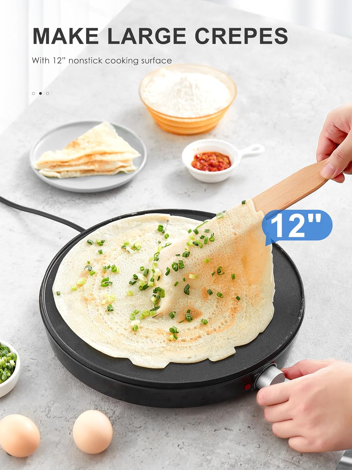 Crepe Maker Machine, Reemix Compact Pancake Griddle Precise Temperature Control, Nonstick 12” Electric Griddle, Batter Spreader for Eggs, Pancakes, Omelets and Quesadillas, Includes Spatula, Spreader - PuriLite