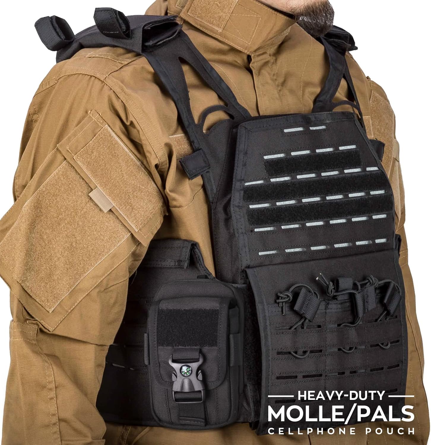 WYNEX Tactical Compass Phone Pouch, Large Molle Smartphone Holster Case Double Capacity Small Utility EDC Pouch with Compass Buckle and Carabiner - PuriLite