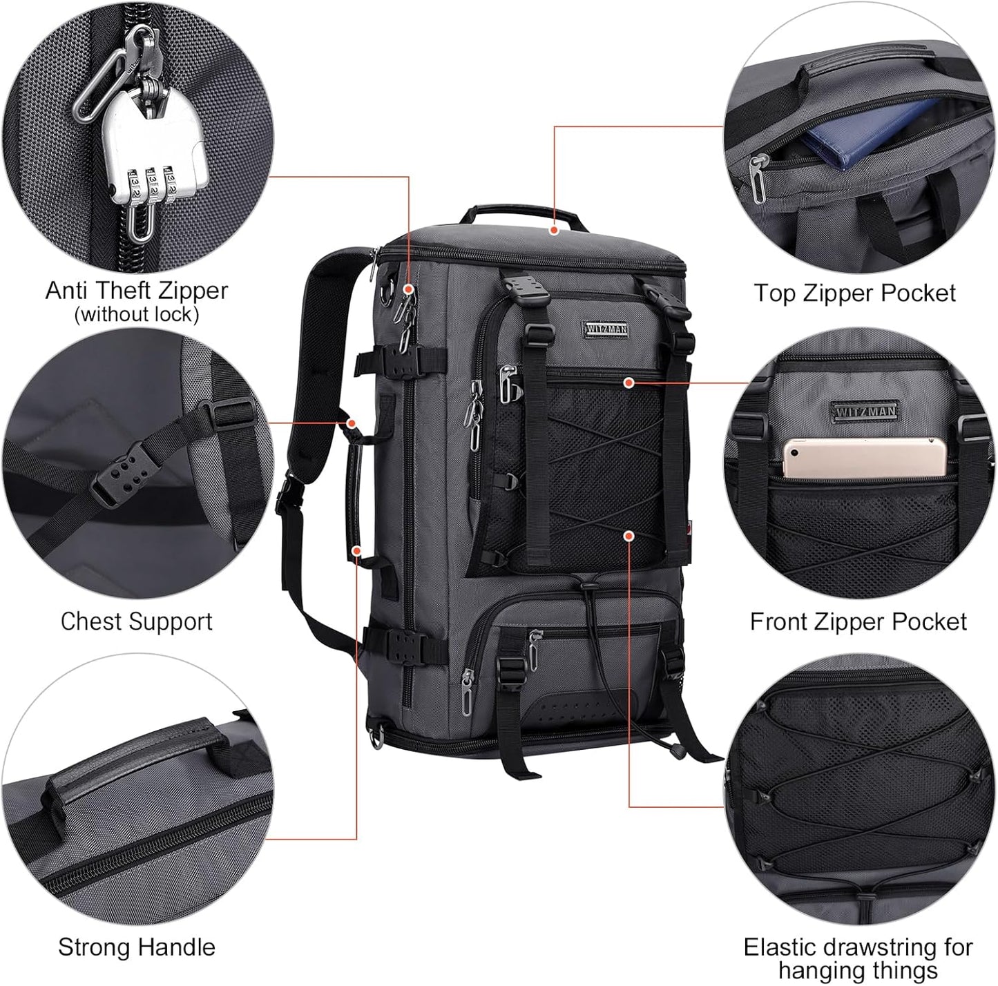 WITZMAN Travel Backpack for Men Large Carry on Backpack Convertible 3 in 1 Bags with Shoe Compartment Fit 17 Inch Laptop(B689 Silvery Grey) - PuriLite
