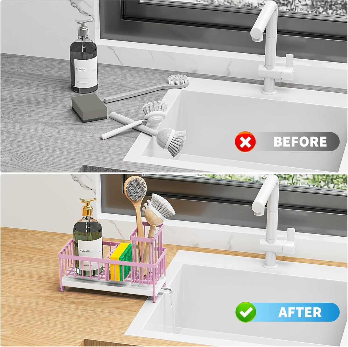 Cisily Sponge Holder for Kitchen Sink, Sink Caddy with High Brush Holder, Organzier Rustproof 304 Stainless Steel Dish Organizer Divider, Soap Dispenser Storage (Black) - PuriLite