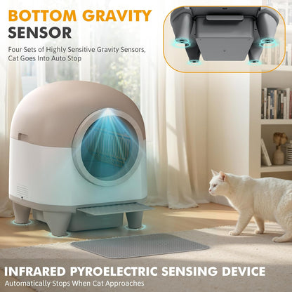 GUNJI Self Cleaning Litter Box, 90L Automatic Cat Litter Box for Multiple Cats, App Control-No Scoop, Large Kitty Box with Safety Protection, Includes Mat, 1 Garbage Bags (Gray) - PuriLite