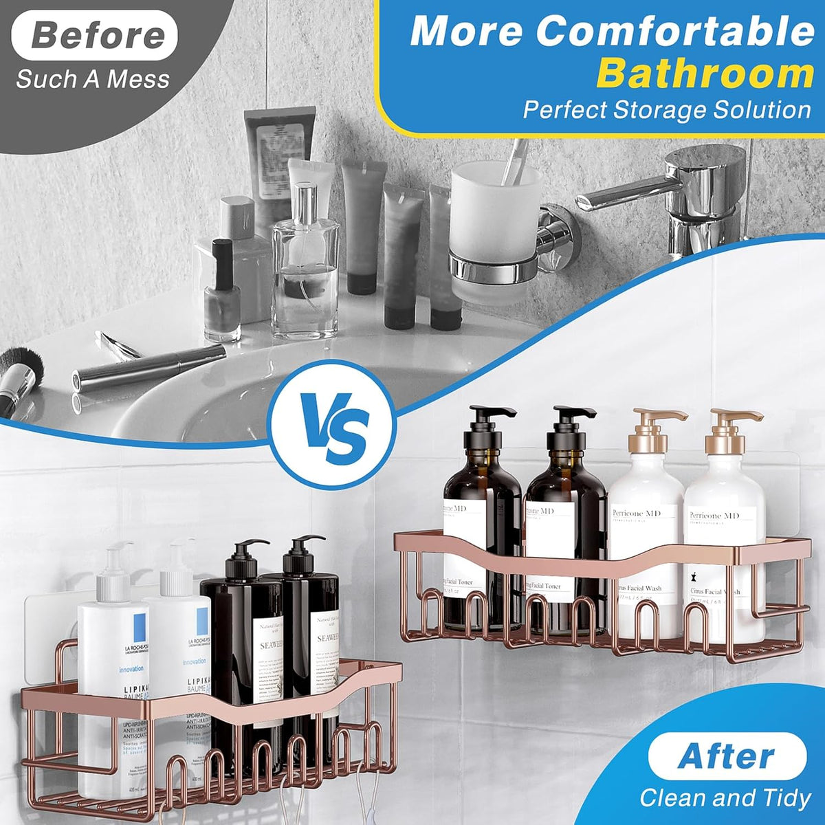 EUDELE 5-Pack Rustproof Stainless Steel Shower Caddy – No Drill Adhesive Bathroom Organizer with Large Capacity, Spacious Shower Shelves for Inside Shower, Kitchen & Home Decor Storage - PuriLite