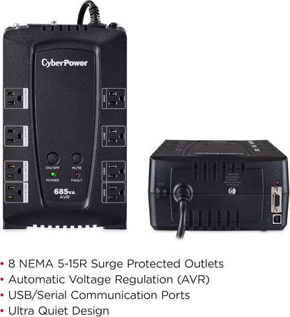 CyberPower CP685AVRG AVR UPS System, 685VA/390W, 8 Outlets, Compact - PuriLite
