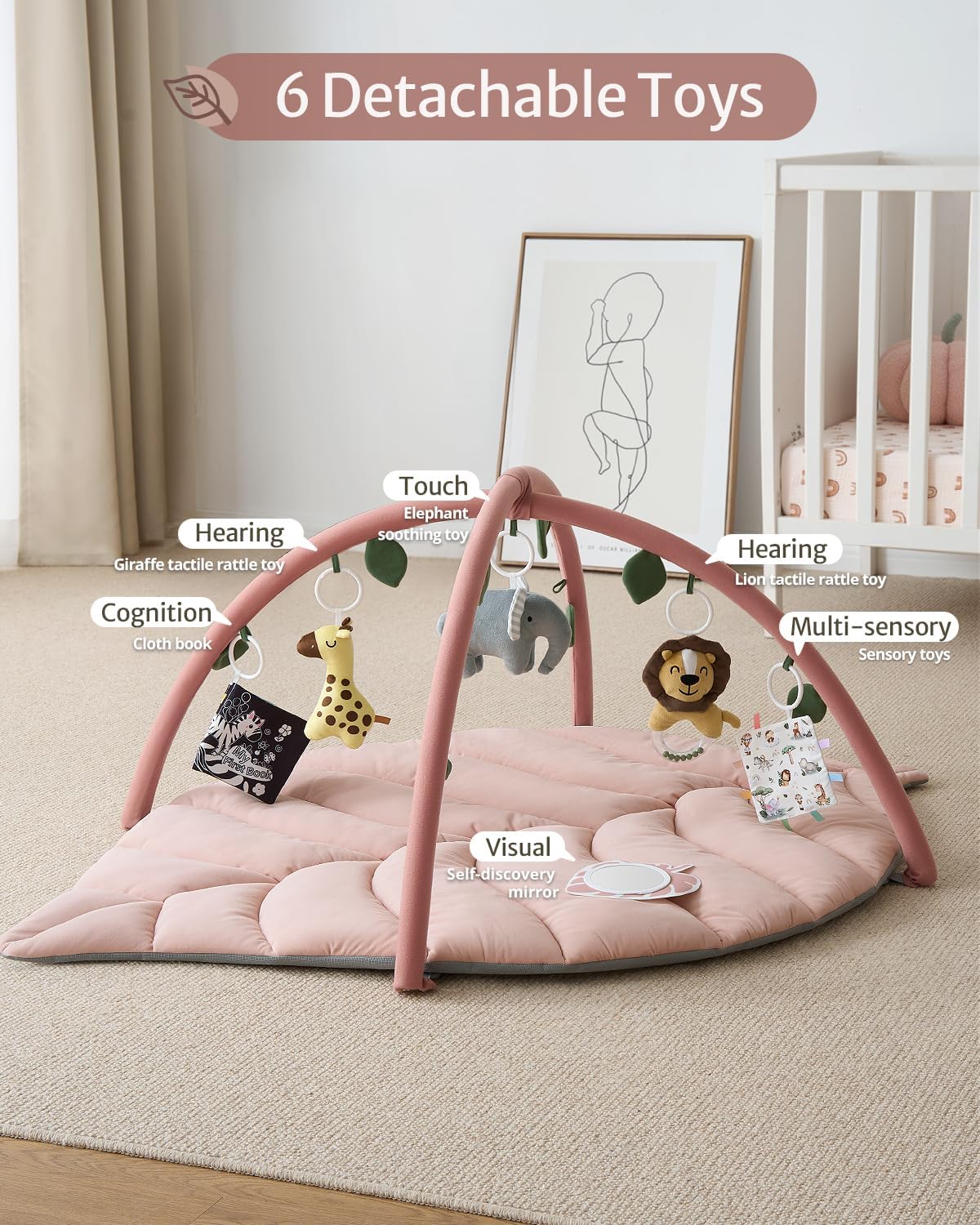 Blissful Diary Baby Play Gym & Activity Mat, Oversize Leaf Shaped Tummy Time Baby Play Mat w 6 Detachable Toys Promotes Motor Skills & Sensory Development, Newborn Infant Essentials Gift, Crystal Pink