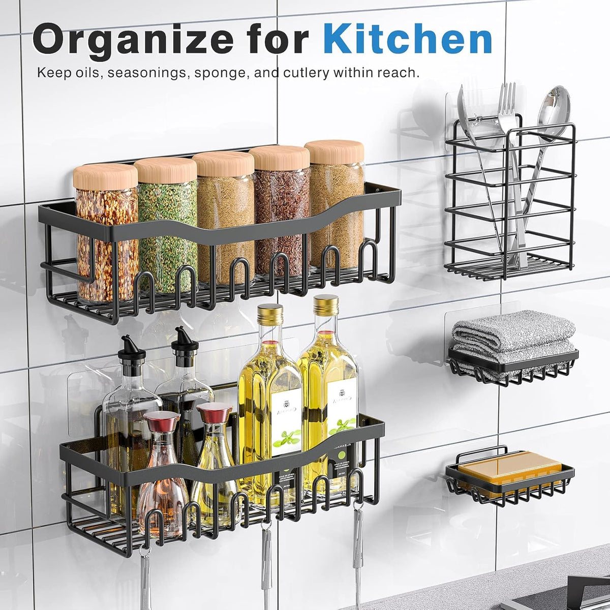 EUDELE 5-Pack Rustproof Stainless Steel Shower Caddy – No Drill Adhesive Bathroom Organizer with Large Capacity, Spacious Shower Shelves for Inside Shower, Kitchen & Home Decor Storage - PuriLite
