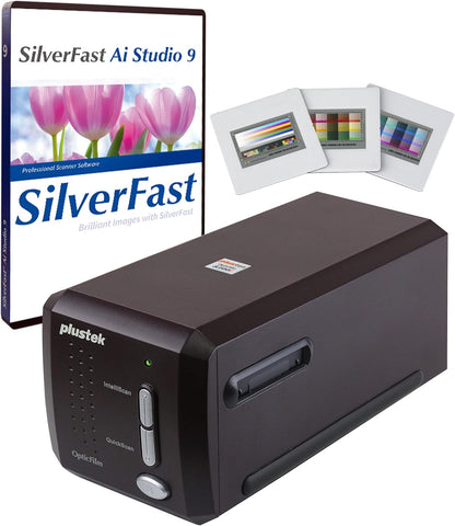 Plustek OpticFilm 8300i Ai Film Scanner - Converts 35mm Film & Slide into Digital, Bundle SilverFast Ai Studio 9 + QuickScan Plus, Include Advanced IT8 Calibration Target (3 Slide) - PuriLite
