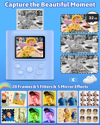 Mgaolo Kids Camera with Instant Print, Thermal Printing Digital Camera Gift for 3-12 Years Old Children, Safe Ink-Free Design, Toy for Creativity & Learning (Black) - PuriLite