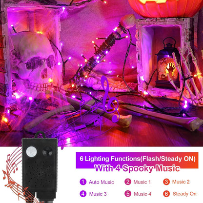 Tcamp 105FT 300 LED Purple Orange Halloween Decorations Lights Motion Activated Sync with 4 Scary Music, 6 Modes Halloween String Lights for Party Yard Outdoor Indoor Decor (3 Sets Connectable) - PuriLite