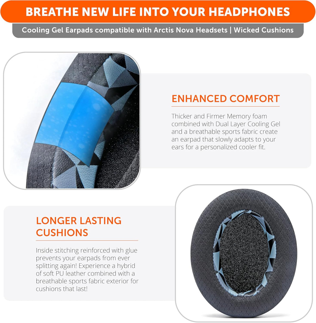 WC Freeze for Arctis Nova - Hybrid Fabric Cooling Gel Replacement Earpads for Arctis Nova Pro Wired, Nova 7, 5, 4, 3, 1 - Made by Wicked Cushions (Does Not Fit Nova Pro Wireless) | Black - PuriLite
