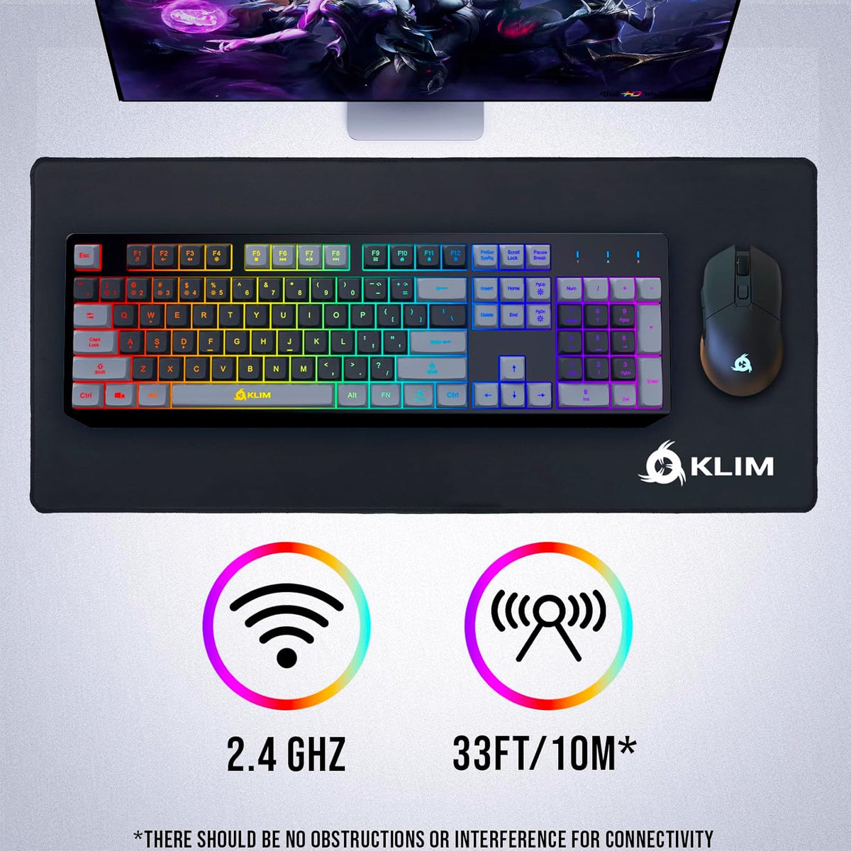 KLIM  Chroma Wireless Gaming Keyboard RGB New - Long-Lasting Rechargeable Battery - Quick and Quiet Typing - Water Resistant Backlit Wireless Keyboard for PC PS5 PS4 Mac - Black - PuriLite