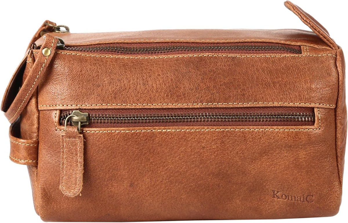 Premium Buffalo Leather Unisex Toiletry Bag Travel Dopp Kit Shaving kit (Distressed Tan) - PuriLite