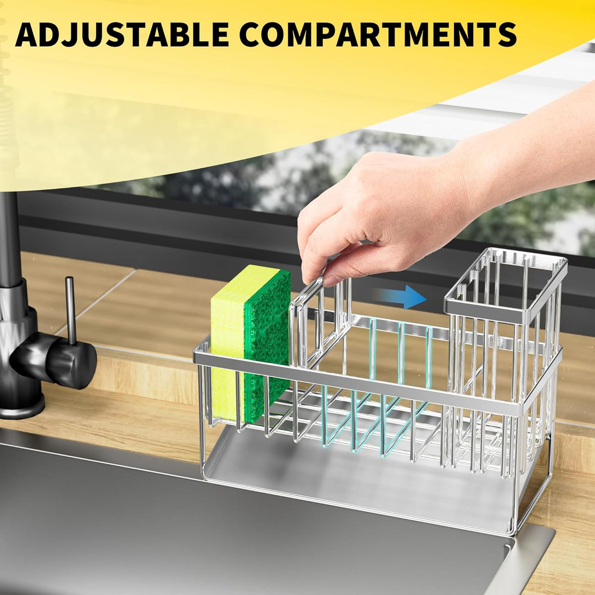 Cisily Kitchen Sink Caddy Organzier with High Brush Holder, Sponge Holder for Sink, 304 Rustproof Stainless, Kitchen Countertop Soap Dispenser Organizer, Kitchen Decor and Accessories (Black) - PuriLite