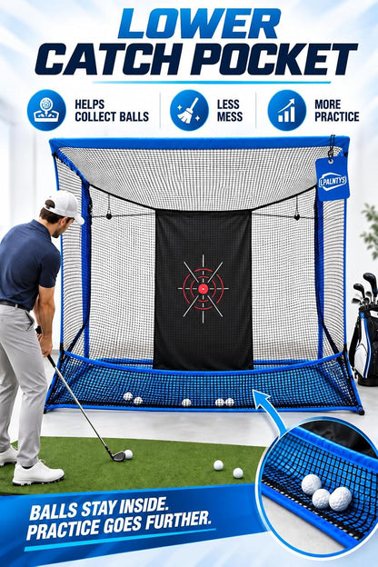 Golf Hitting Net with Extra Striking Net, 10x7ft Heavy Duty Golf Practice Net for Golfer Backyard Driving Swing, Golf Impact Net Cage Metal Frame with Storage Bag and Elevated Base (Blue)