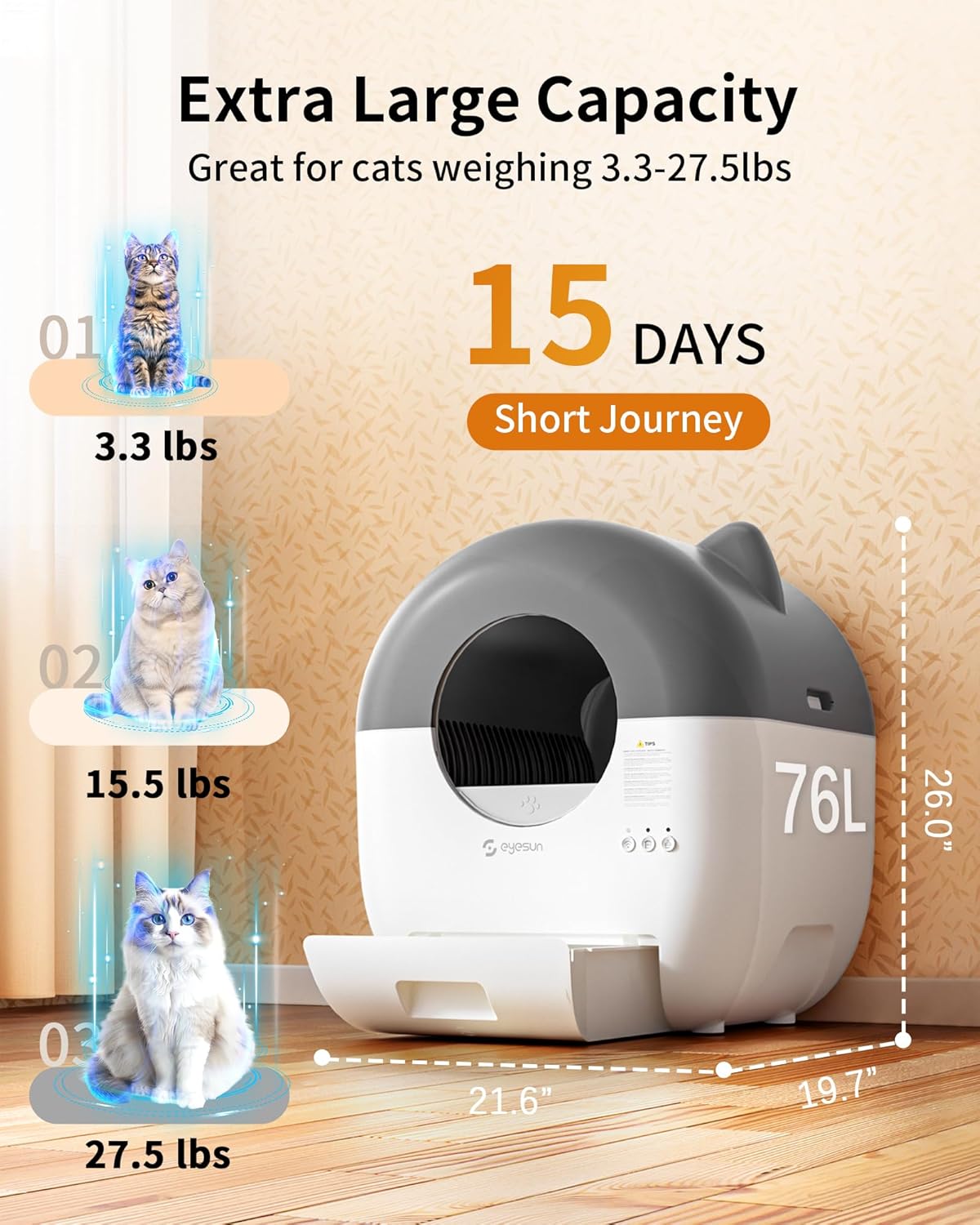 Self Cleaning Litter Box,76L Automatic Cat Litter Box Self Cleaning with APP Control,Low Noise,Safety Protection,Roll Garbage Bags,Deodorizer and Cleaning Brush for Multiple Cats - PuriLite
