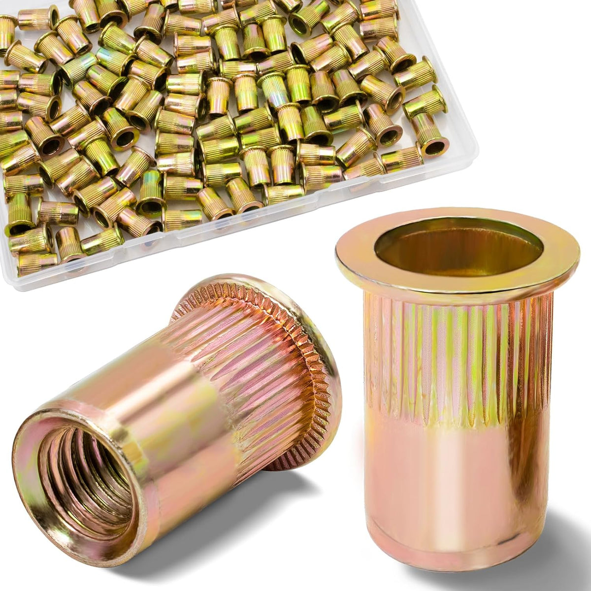 Vifmy Metric & SAE Rivet Nut Assortment Kit(420 Pcs),m3 m4 m5 m6 m8 m10 m12#6-32#8-32#10-24 1/4"-20 5/16"-18 3/8"-16 UNC Flat Head Rivnut Set,Zinc Plated Finish Carbon Steel Nutsert - PuriLite
