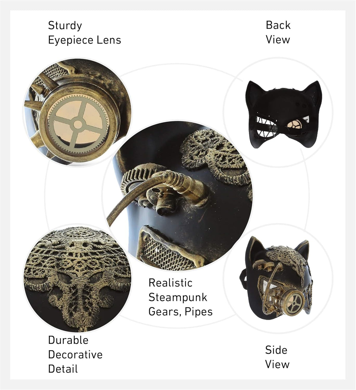 Attitude Studio Steampunk Cat Ears Half Mask Robot Monocles Costume - Gold - PuriLite