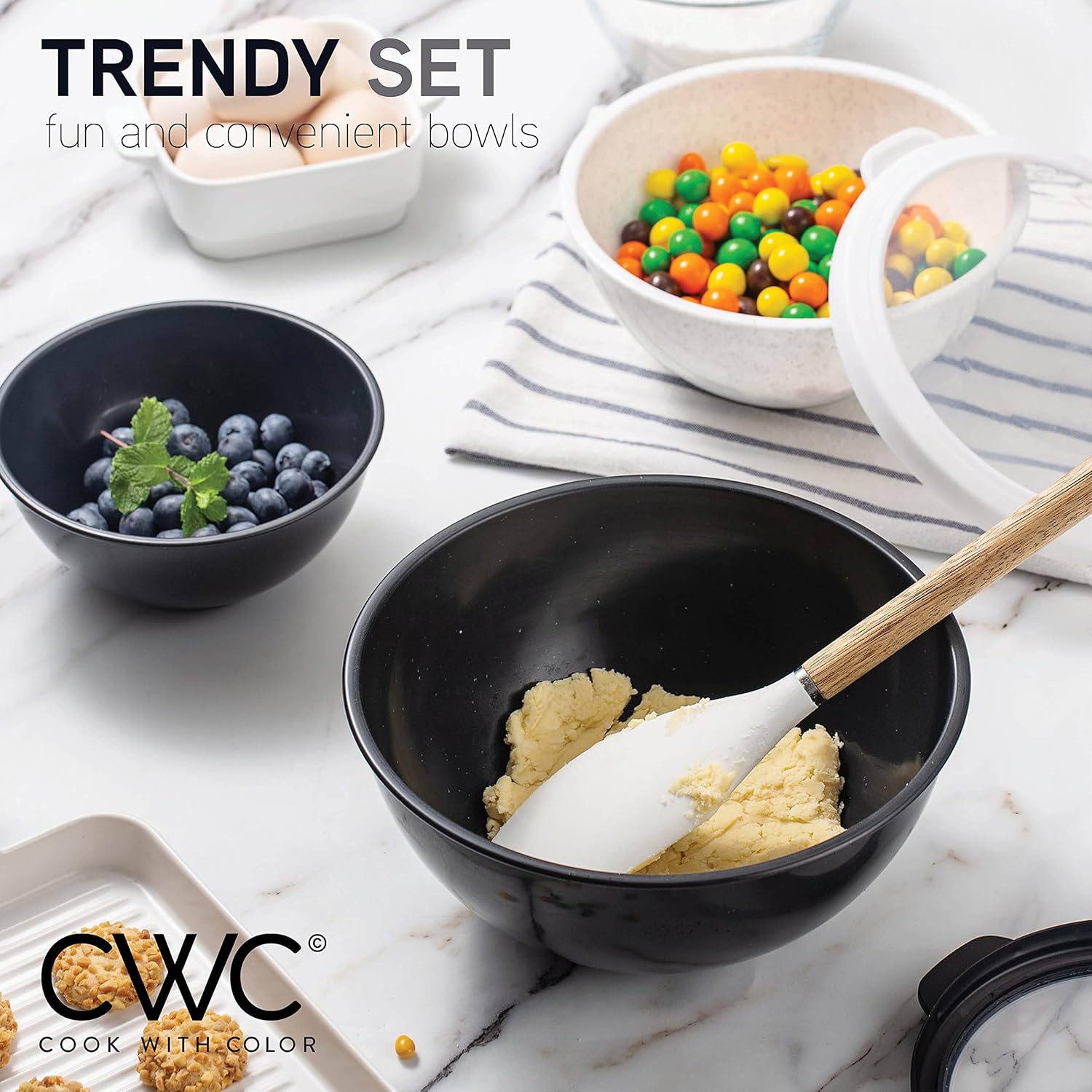 COOK WITH COLOR Mixing Bowls with TPR Lids - 12 Piece Plastic Nesting Bowls Set Includes 6 Prep Bowls and 6 Lids, Microwave Safe Mixing Bowl Set (Mint) - PuriLite