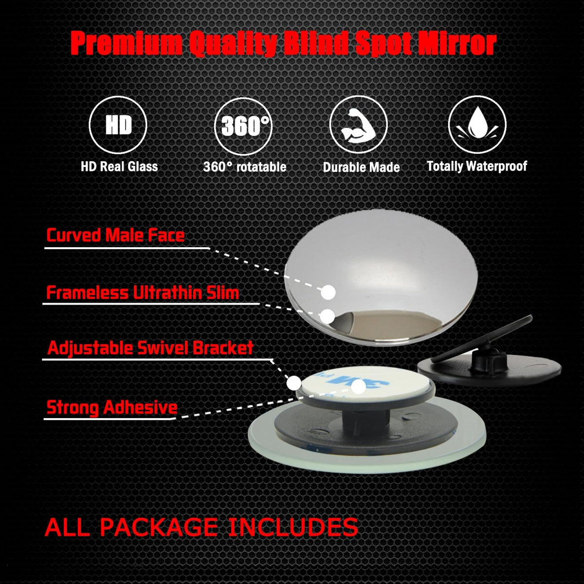 Ampper Blind Spot Mirror, 2" Round HD Glass Frameless Convex Rear View Mirror, Pack of 2 - PuriLite