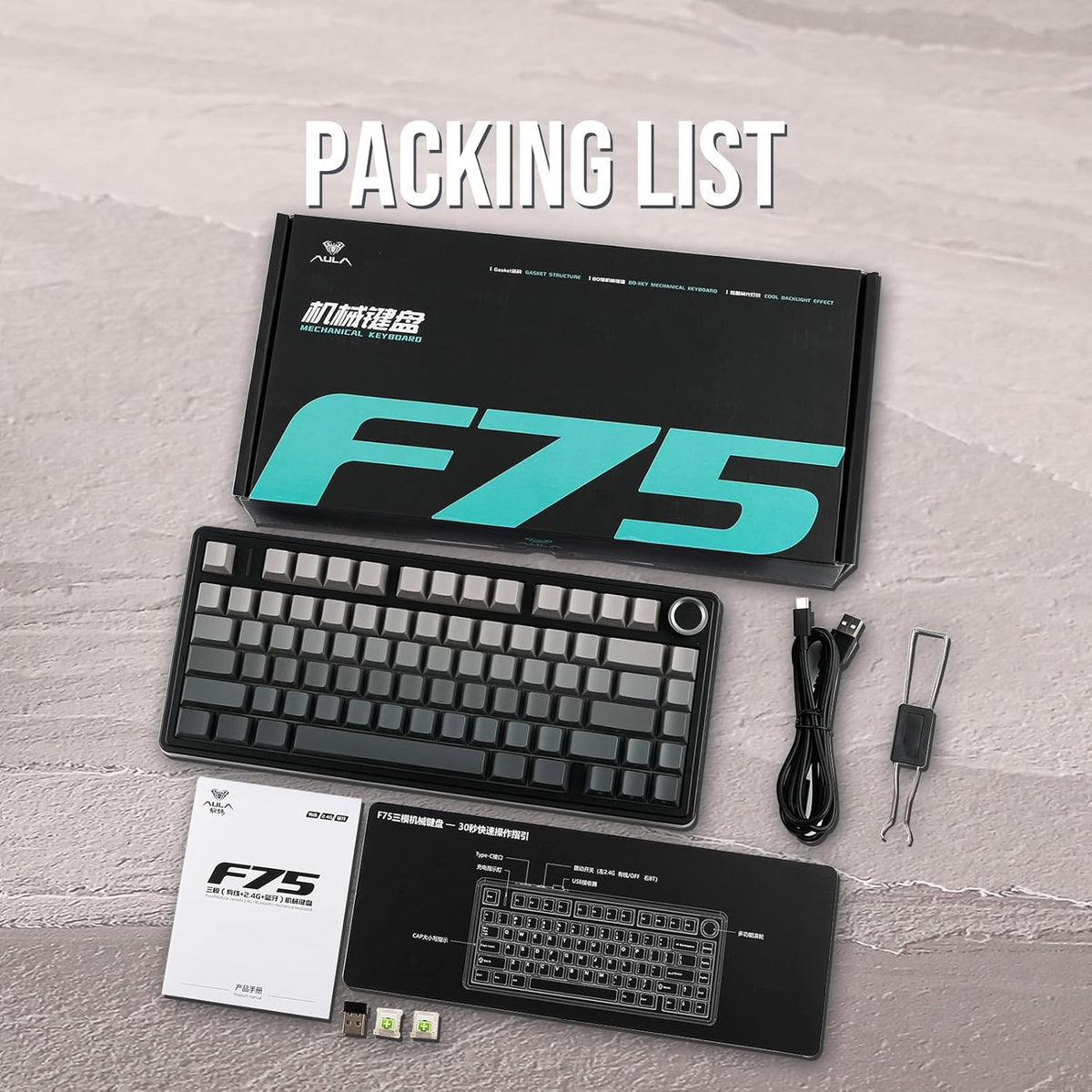 EPOMAKER x Aula F75 Gasket Mechanical Keyboard, 75% Wireless Hot Swappable Gaming Keyboard with Five-Layer Padding&Knob, Bluetooth/2.4GHz/USB-C, RGB (Black Gradient, LEOBOG Reaper Switch) - PuriLite
