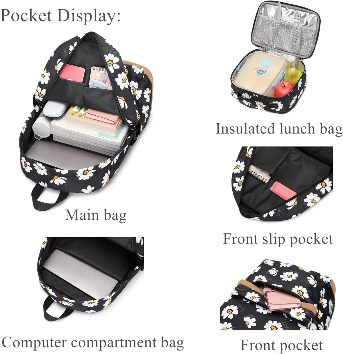 3Pcs Daisy Prints Backpack for Girls Bookbag set Primary School Daypack Elementary Students Knapsack with Lunch Box - PuriLite