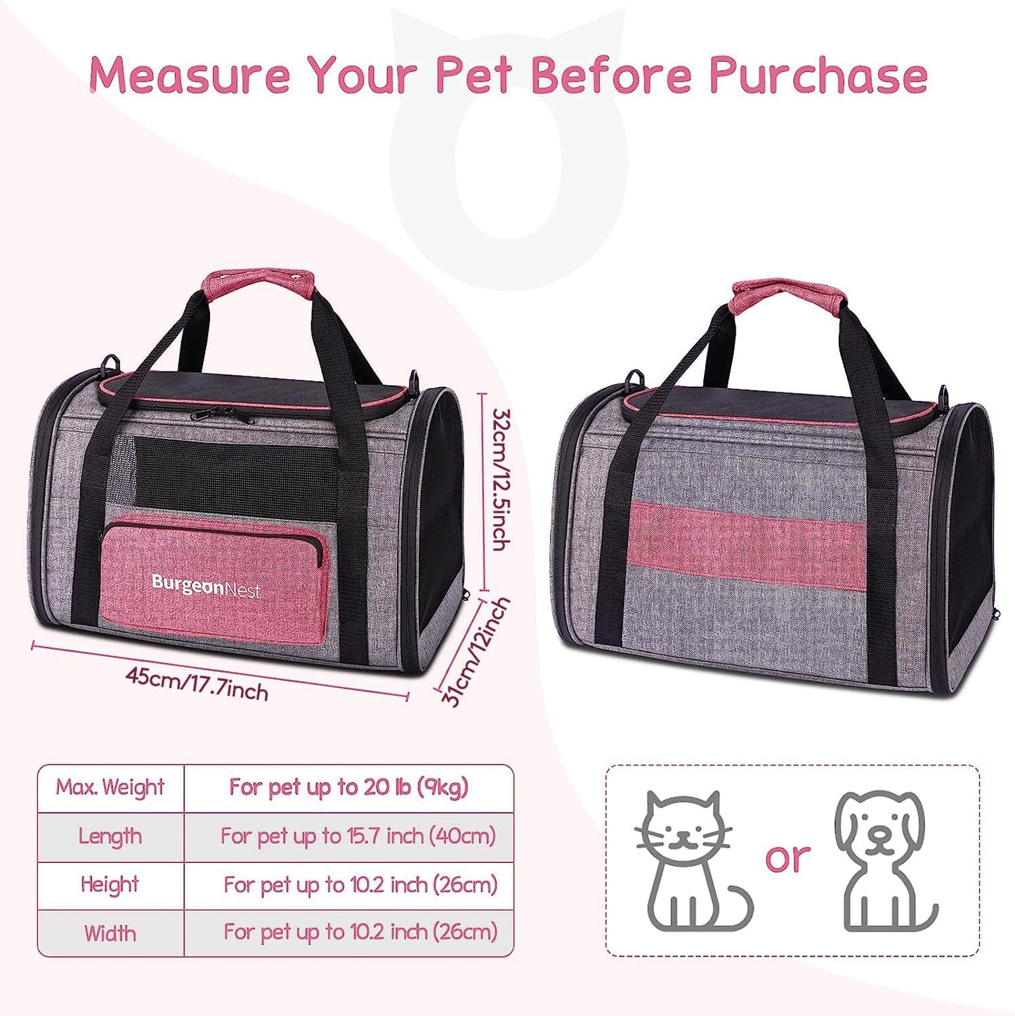 BurgeonNest Cat Carriers for Medium Cats Under 25 lbs, Pet Carrier for Cats with Unique Side Bag,Top Load Small Pet Carrier Soft-Sided Escape Proof with 4 Ventilated Windows - PuriLite