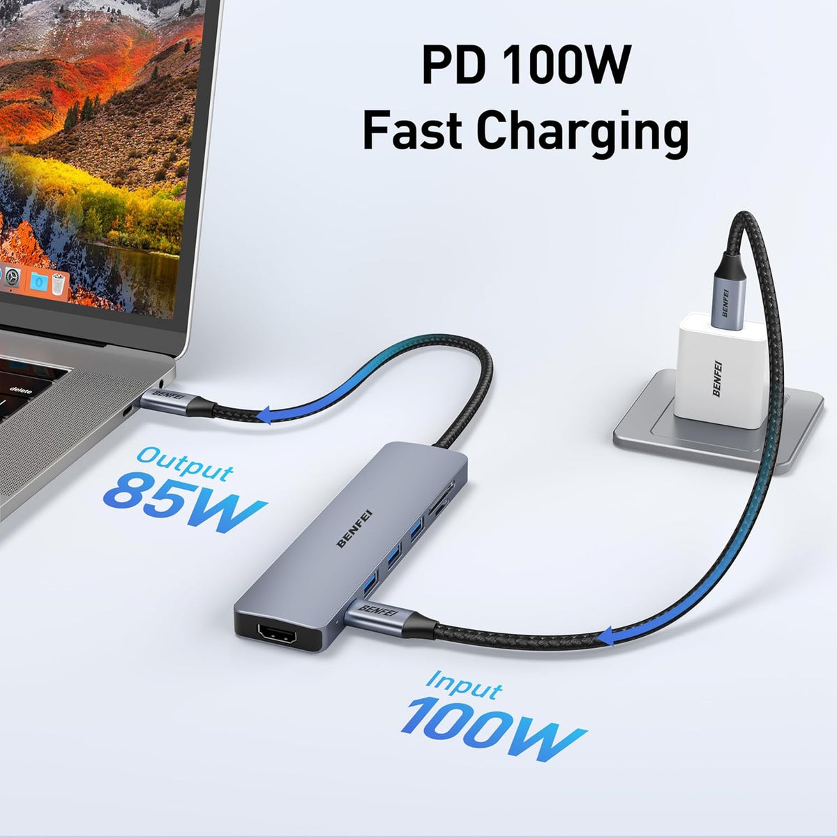 BENFEI USB C HUB 7in1, USB C HUB Multiport Adapter with USB-C to HDMI, USB-C to SD/TF Card Reader/3*USB 3.0/100W Power Delivery, Compatible with iPhone 15 Pro/Max, MacBook, iPad Pro, iMac, S23, XPS17 - PuriLite