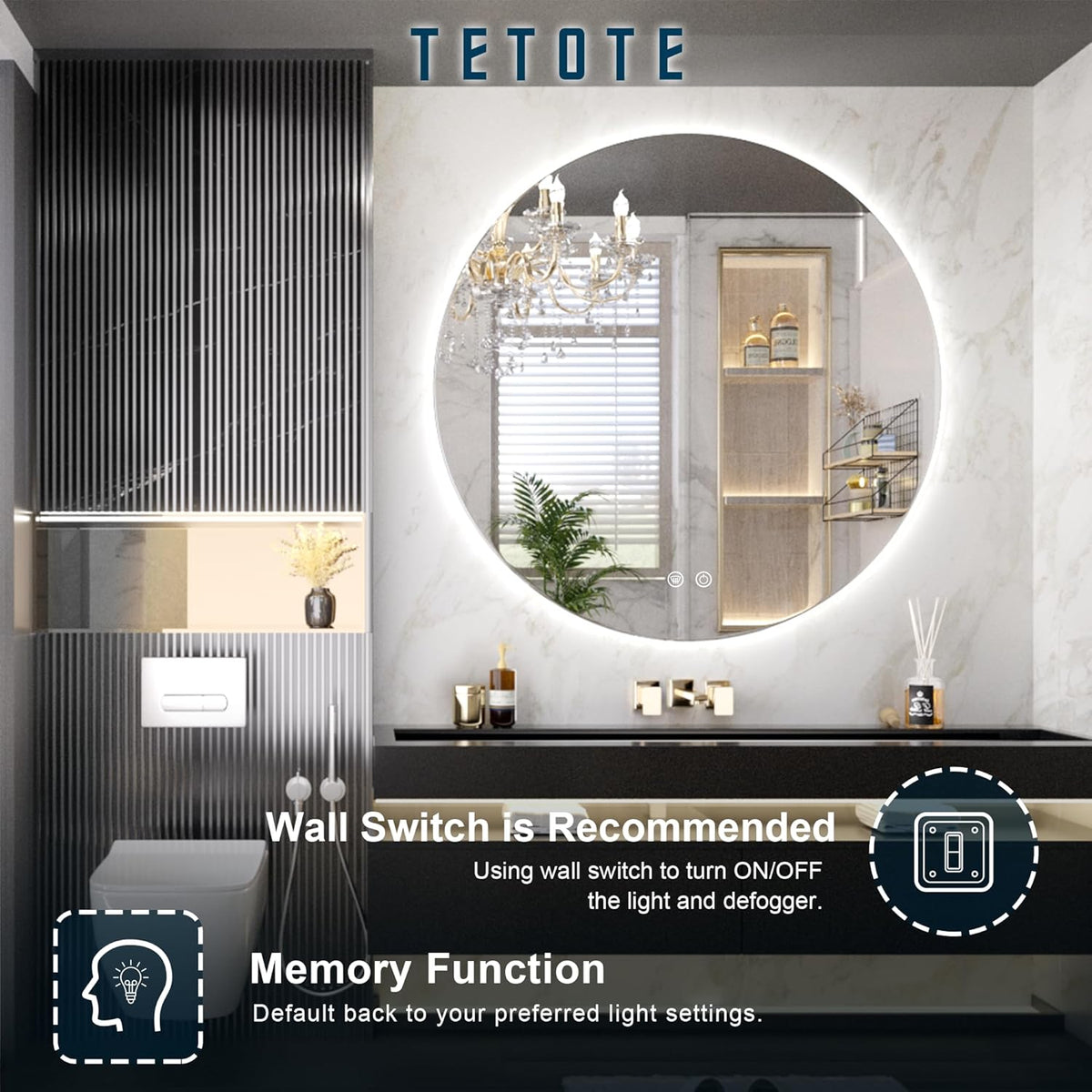 TETOTE 28 Inch Round LED Bathroom Vanity Mirror, Anti-Fog Dimmable Lights IP54 Waterproof Circle Makeup Wall Mounted Mirror - PuriLite