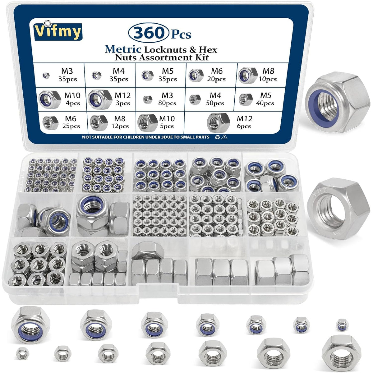 Vifmy 110 Pack 1/4"-20 Inch Lock Nuts,304 (A2-70) Stainless Steel Nylon Insert Locknuts,Standard Inch Thread Nylock Nuts for Bolts - PuriLite