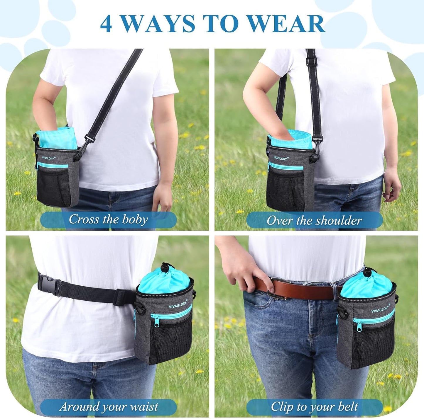 VIVAGLORY Dog Training Treat Pouch, 4Ways to Wear Dog Treat Bags, Built in Dog Waste Bag Dispenser Treats Training Bags with Reflective Adjustable Shoulder Strap, Heather Blue - PuriLite