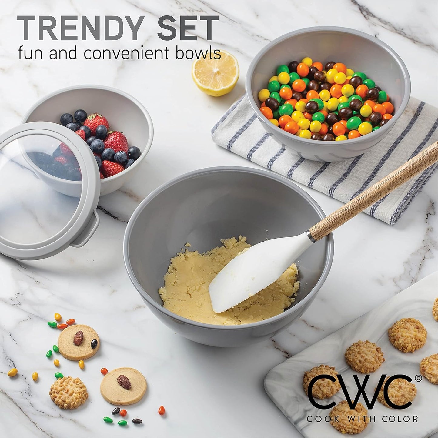 COOK WITH COLOR Mixing Bowls with TPR Lids - 12 Piece Plastic Nesting Bowls Set Includes 6 Prep Bowls and 6 Lids, Microwave Safe Mixing Bowl Set (Mint) - PuriLite