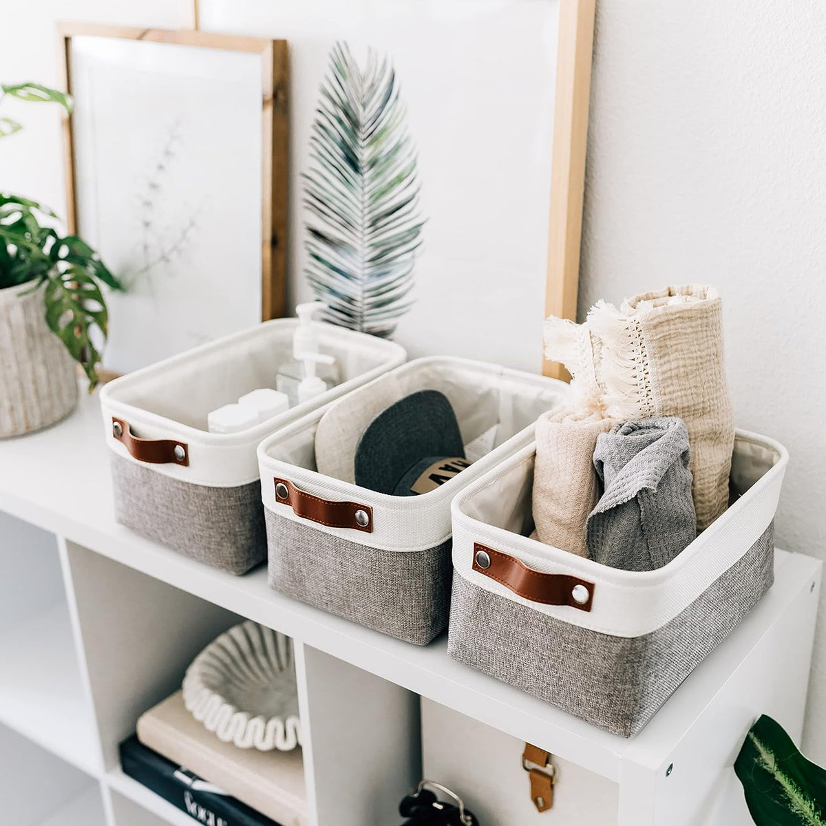 OrganiHaus Large Fabric Storage Baskets for Shelves 3 Pack, 15x11in Closet Storage Bins for Shelves, Cloth Baskets, Fabric Storage Cubes, Linen Closet Organizers, Fabric Basket, White Basket - PuriLite