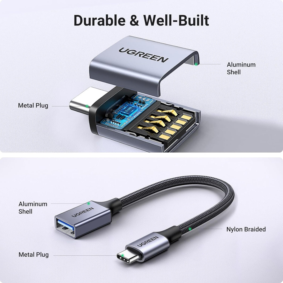 UGREEN USB C to USB Adapter 2 Pack, USB 3.2 Gen 2 10Gbps USB C Adapter USB C Male to USB 3.2 Female Adapter OTG Compatible with iPhone 15, Galaxy S24 S23 Ultra, MacBook Pro Air, iPad Pro Mini, Grey - PuriLite