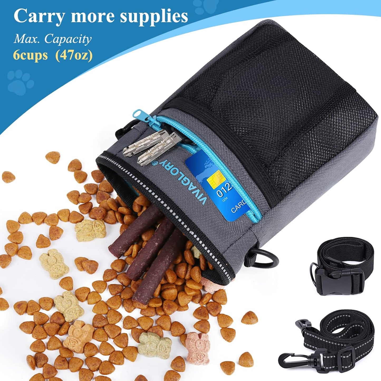 VIVAGLORY Dog Training Treat Pouch, 4Ways to Wear Dog Treat Bags, Built in Dog Waste Bag Dispenser Treats Training Bags with Reflective Adjustable Shoulder Strap, Heather Blue - PuriLite