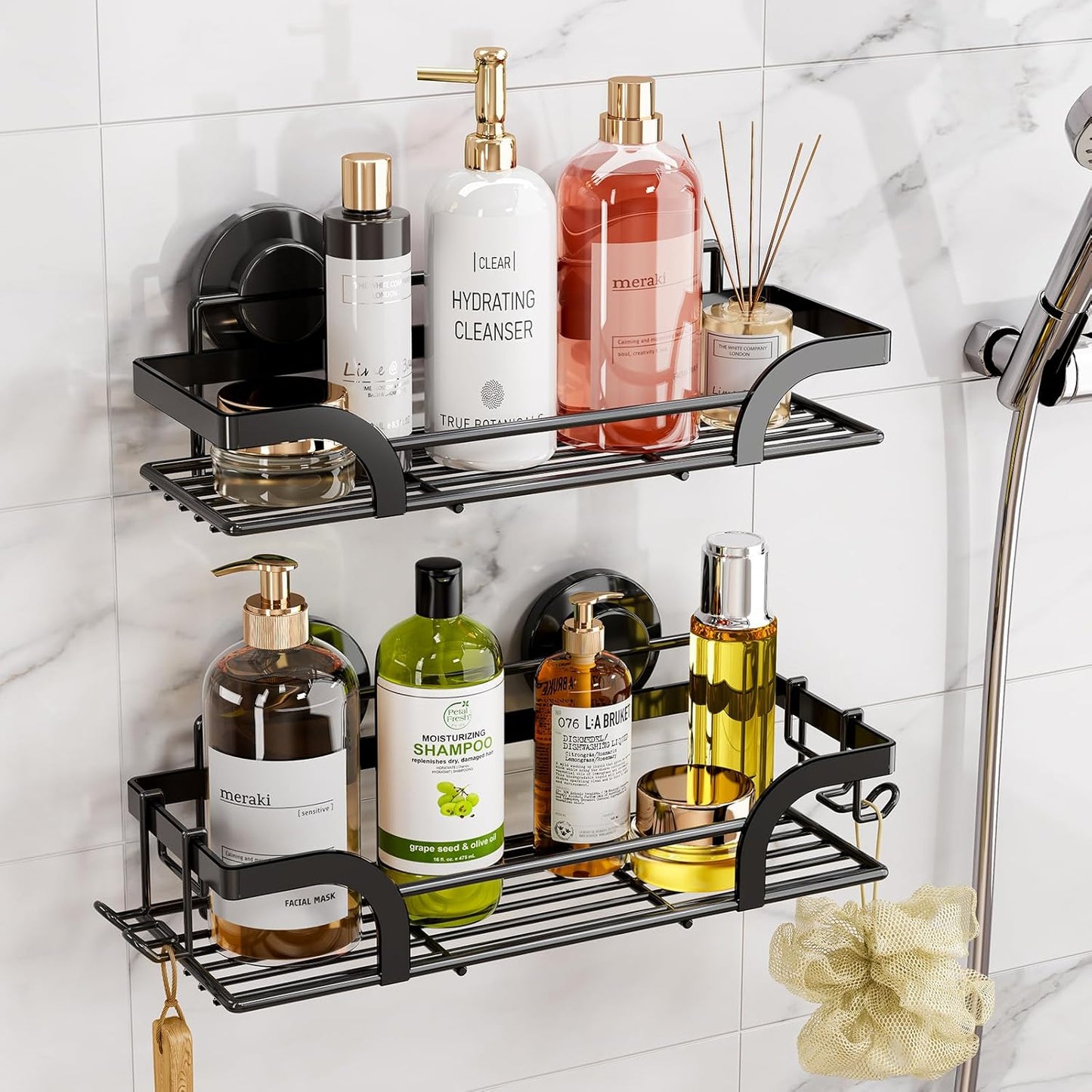 LEVERLOC Shower Caddy Suction Cup, 2 Pack Black Shower Shelf with Hooks and Soap Holder, NO-Drilling Bathroom Organizer, Rustproof Metal Bathroom Storage and Organization - PuriLite