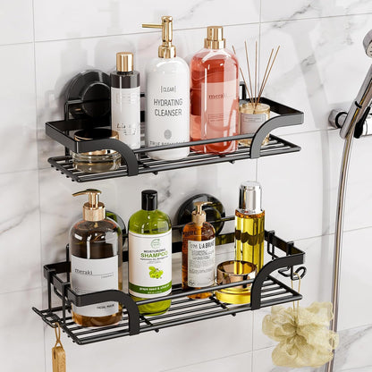 LEVERLOC Shower Caddy Suction Cup, 2 Pack Black Shower Shelf with Hooks and Soap Holder, NO-Drilling Bathroom Organizer, Rustproof Metal Bathroom Storage and Organization - PuriLite