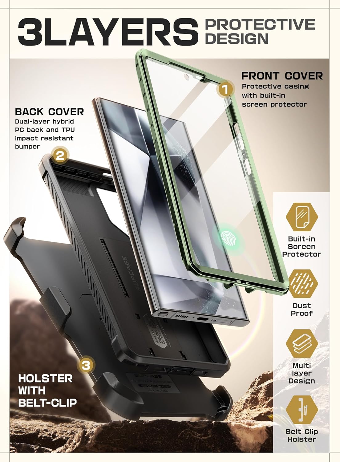 SUPCASE Unicorn Beetle Pro Case for Samsung Galaxy S23 Ultra 5G (2023), [Extra Front Frame] Full-Body Dual Layer Rugged Belt-Clip & Kickstand Case with Built-in Screen Protector (Black) - PuriLite
