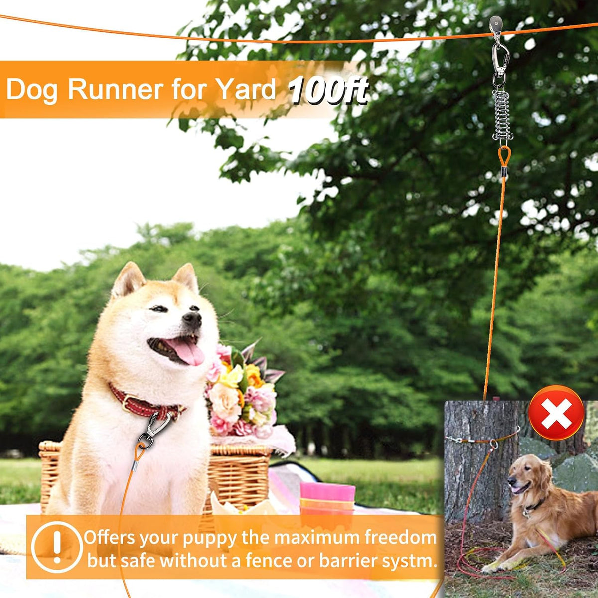 Snagle Paw Dog Tie Out Runner for Yard,Trolley System for Large Dogs,Heavy Duty Dog Run Cable with 10ft Pulley Runner Line for Dogs Up to 125lbs,Yard or Camping,75ft - PuriLite
