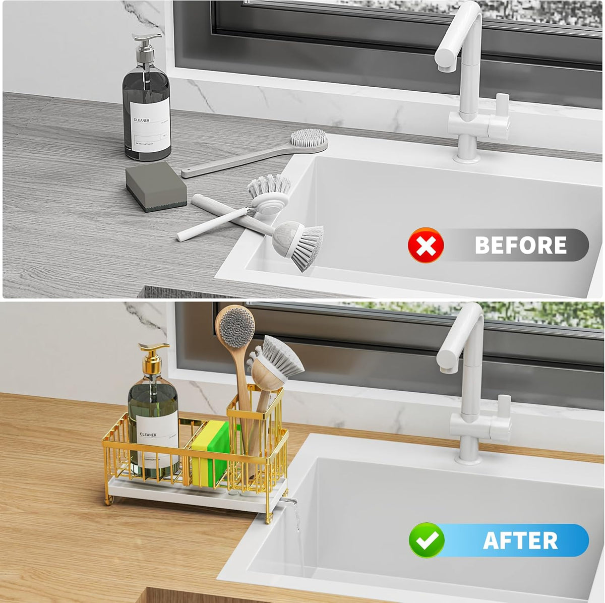 Cisily Sponge Holder for Kitchen Sink, Sink Caddy with High Brush Holder, Organzier Rustproof 304 Stainless Steel Dish Organizer Divider, Soap Dispenser Storage (Black) - PuriLite