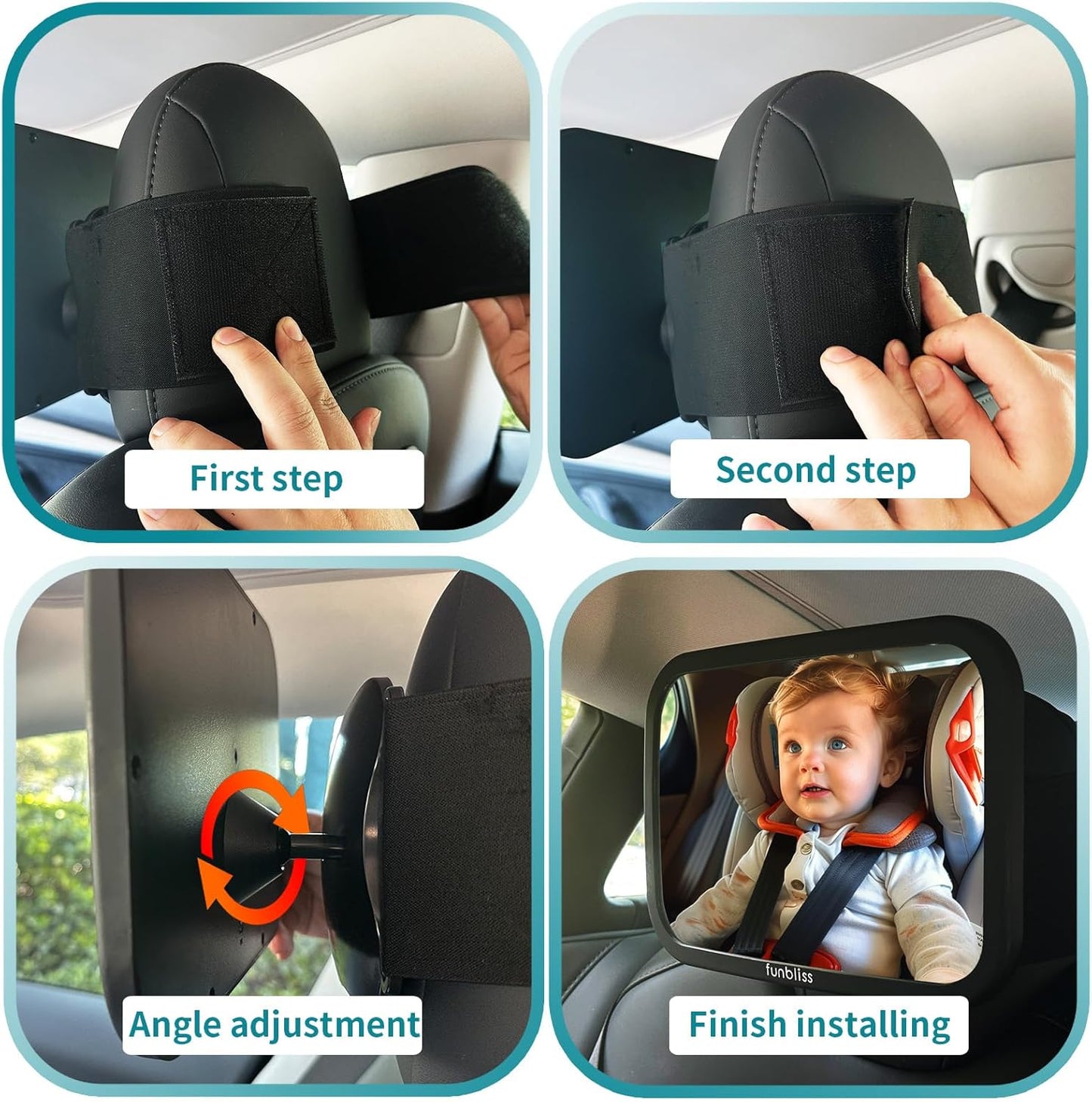 Funbliss Baby Car Mirror for Rear Facing Seat,360° Rotation, Safety CertifiedShatterproof Acrylic Glass, Clear Wide View,Infant Car Mirror for Car Seat Rear Facing,Baby Vehicle Mirror - PuriLite