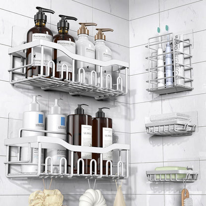 EUDELE 5-Pack Rustproof Stainless Steel Shower Caddy – No Drill Adhesive Bathroom Organizer with Large Capacity, Spacious Shower Shelves for Inside Shower, Kitchen & Home Decor Storage - PuriLite