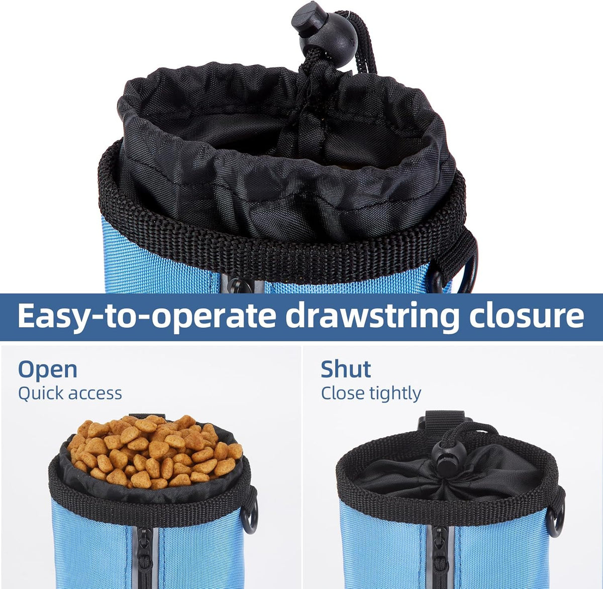 Ownpets Dog Treat Pouch, Pet Training Treat Bag with Drawstring Closure Design, Dog Treat Bag for Dogs Walks,Outdoor Activities, with Poop Bag Dispenser& Reflective Strip, 825ml Capacity (Blue) - PuriLite