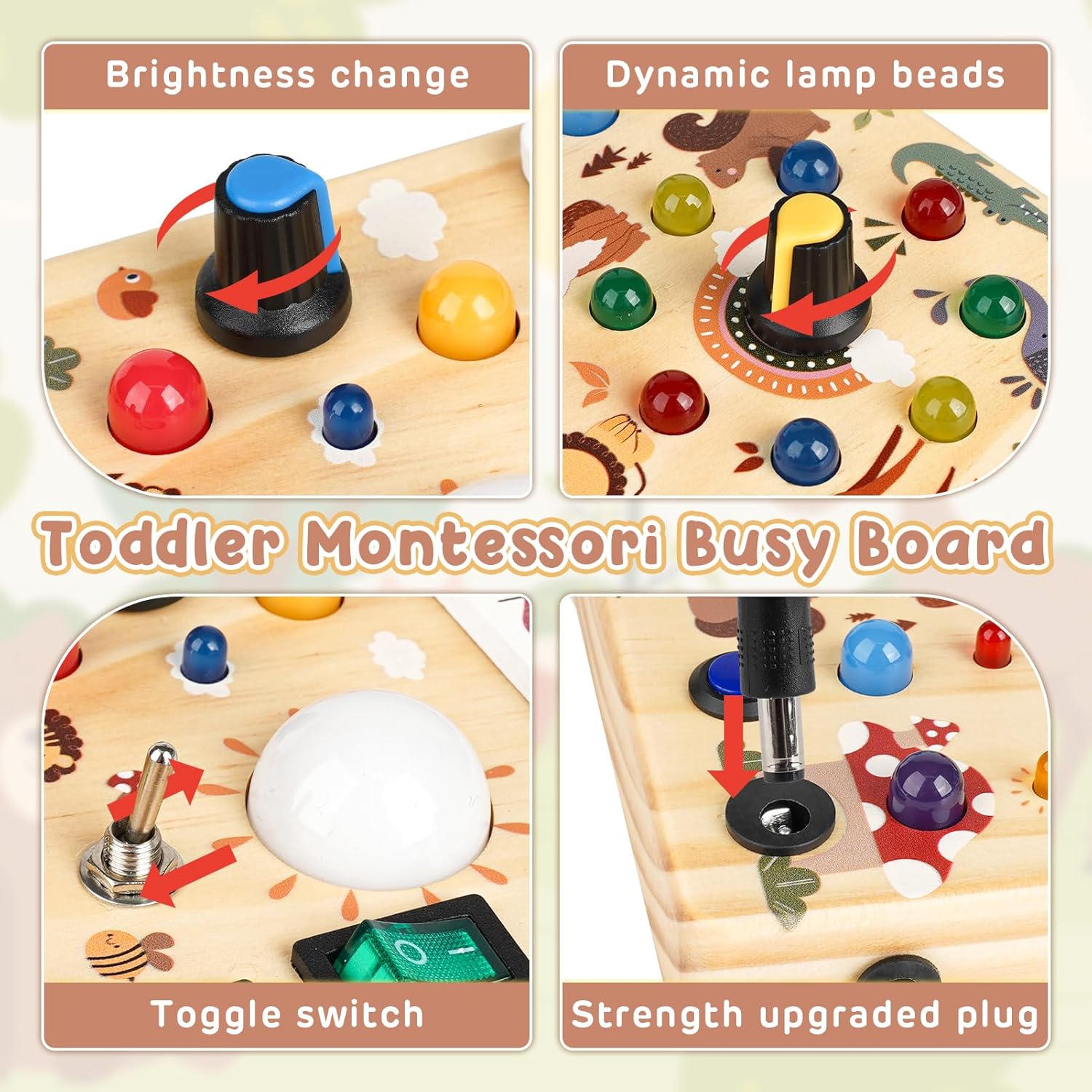 Joyreal Montessori Busy Board Wooden Sensory Toys for Toddler with LED Light Up Switch, Baby Fidget Board Travel Toys for 18+ Months, Boys Girls Birthday - PuriLite