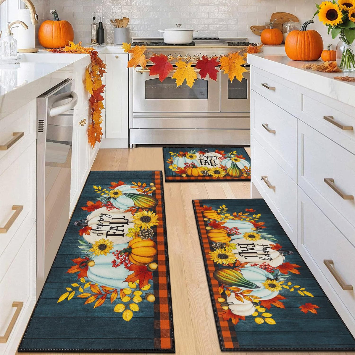 HEBE Fall Kitchen Rugs Set of 3, Washable Pumpkin Kitchen Mats for Floor Non Slip Buffalo Plaid Autumn Kitchen Runner Rug and Carpet Set, Low Profile Sunflower Floor Mats for Thanksgiving Décor